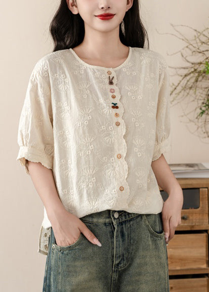 Fine Beige Embroidered Cotton Shirt Tops Summer