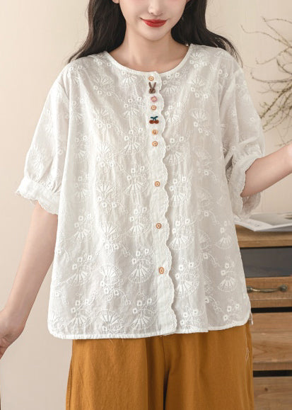 Fine Beige Embroidered Cotton Shirt Tops Summer