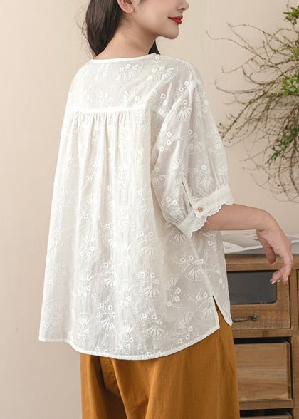Fine Beige Embroidered Cotton Shirt Tops Summer