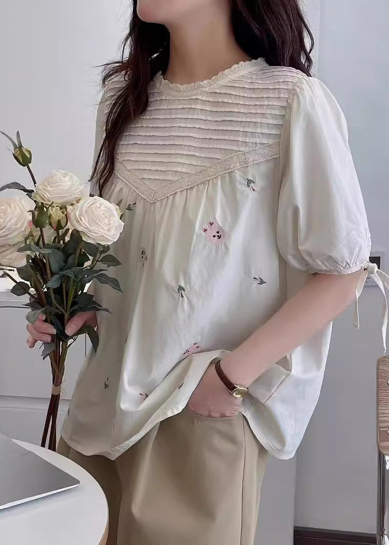 Fine Beige Embroidered Wrinkled Cotton Shirt Summer