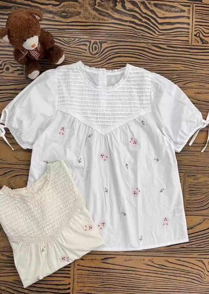 Fine Beige Embroidered Wrinkled Cotton Shirt Summer