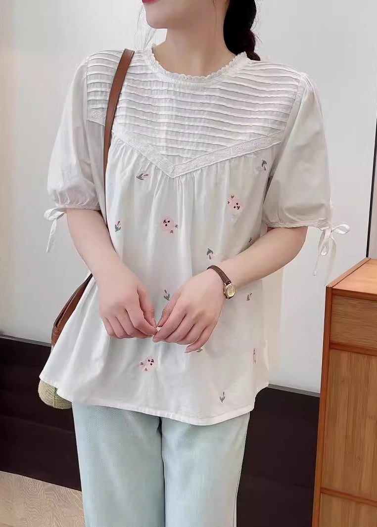 Fine Beige Embroidered Wrinkled Cotton Shirt Summer