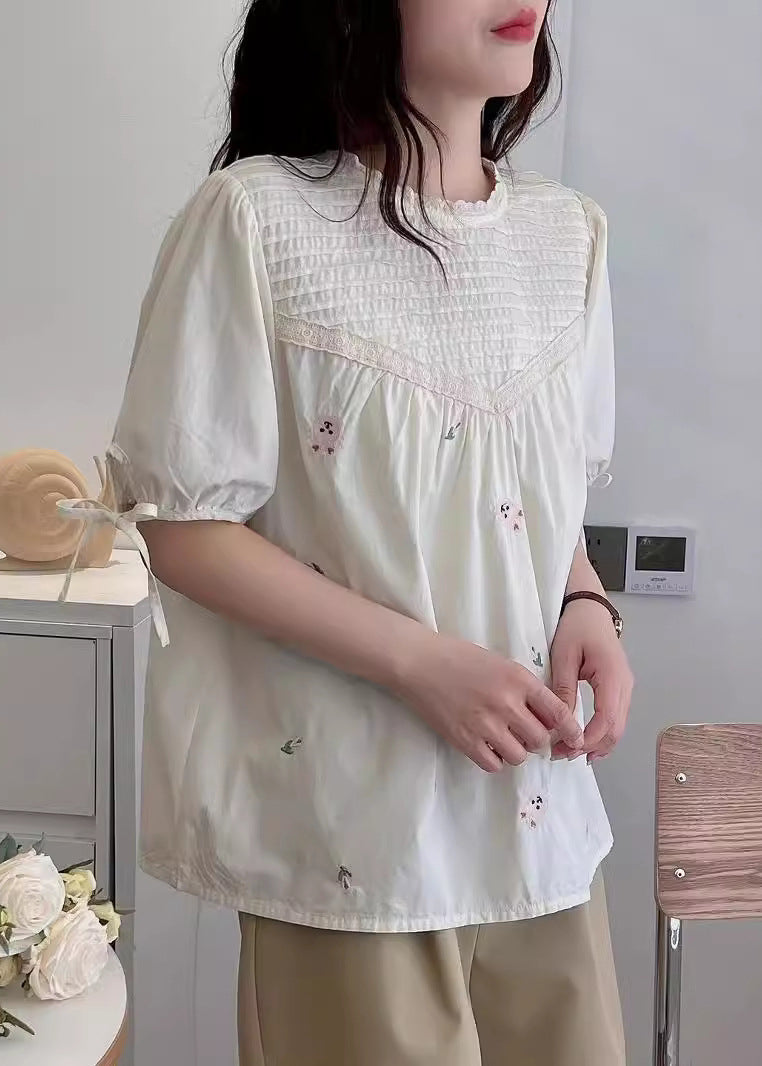 Fine Beige Embroidered Wrinkled Cotton Shirt Summer