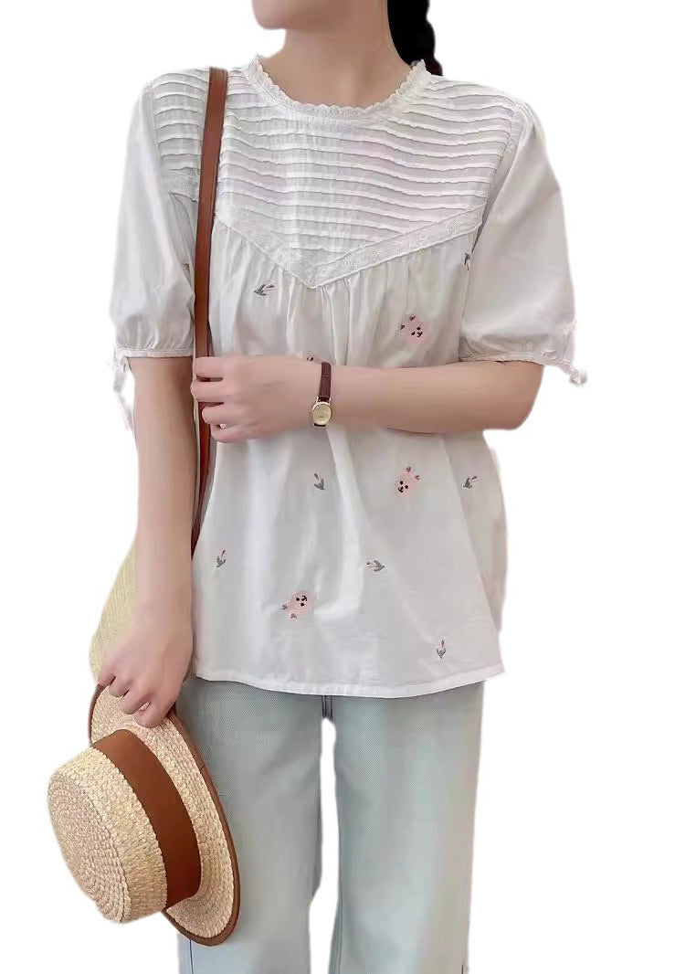 Fine Beige Embroidered Wrinkled Cotton Shirt Summer