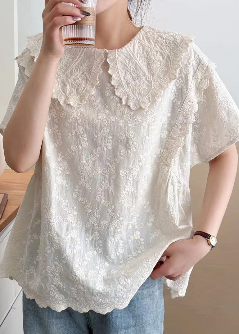 Fine Beige Peter Pan Collar Embroidered Cotton Top Summer