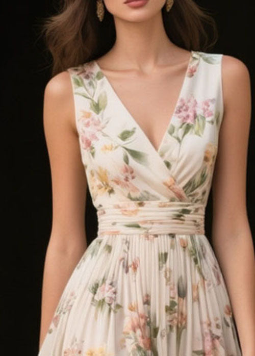 Fine Beige V Neck Print Chiffon Dress Sleeveless