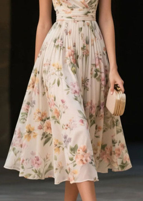 Fine Beige V Neck Print Chiffon Dress Sleeveless
