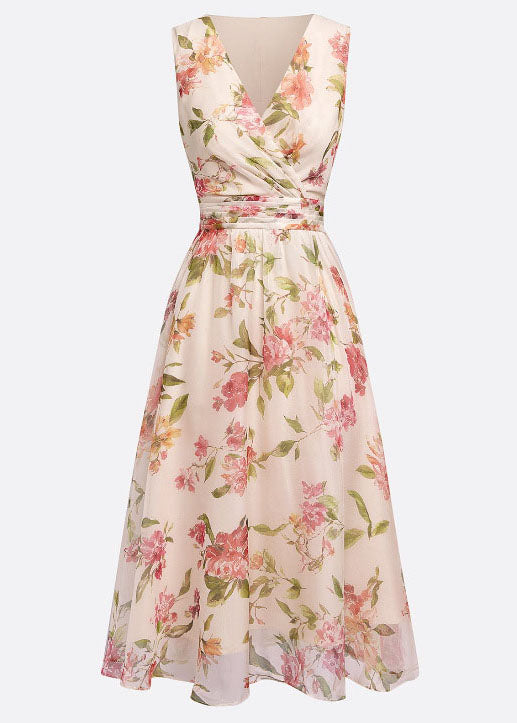 Fine Beige V Neck Print Chiffon Dress Sleeveless