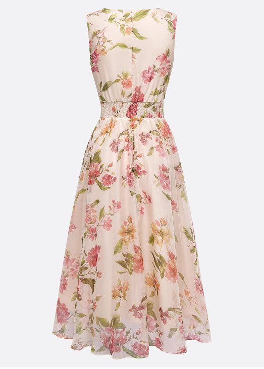 Fine Beige V Neck Print Chiffon Dress Sleeveless