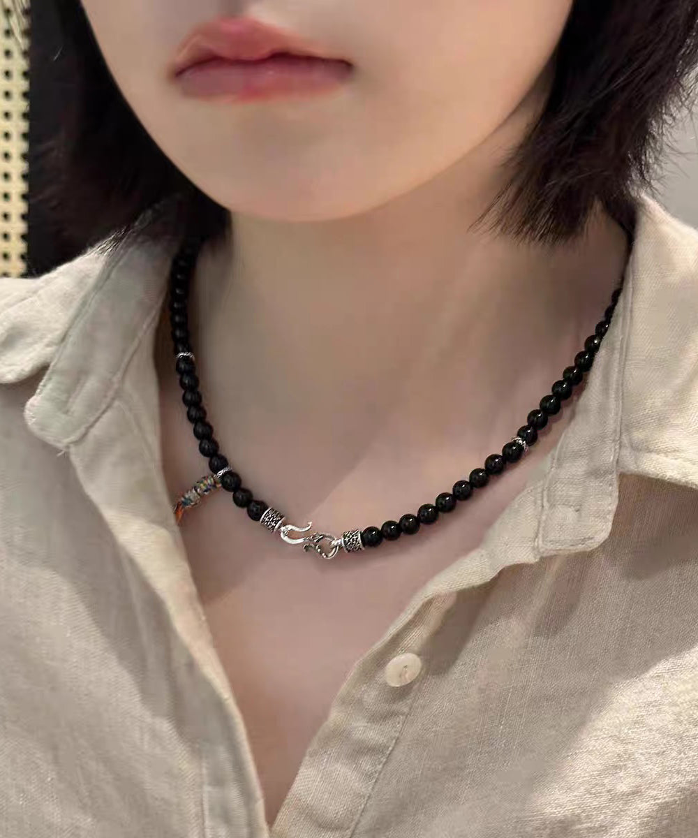 Fine Black 925 Silver Agate Inlaid Pendant Necklace