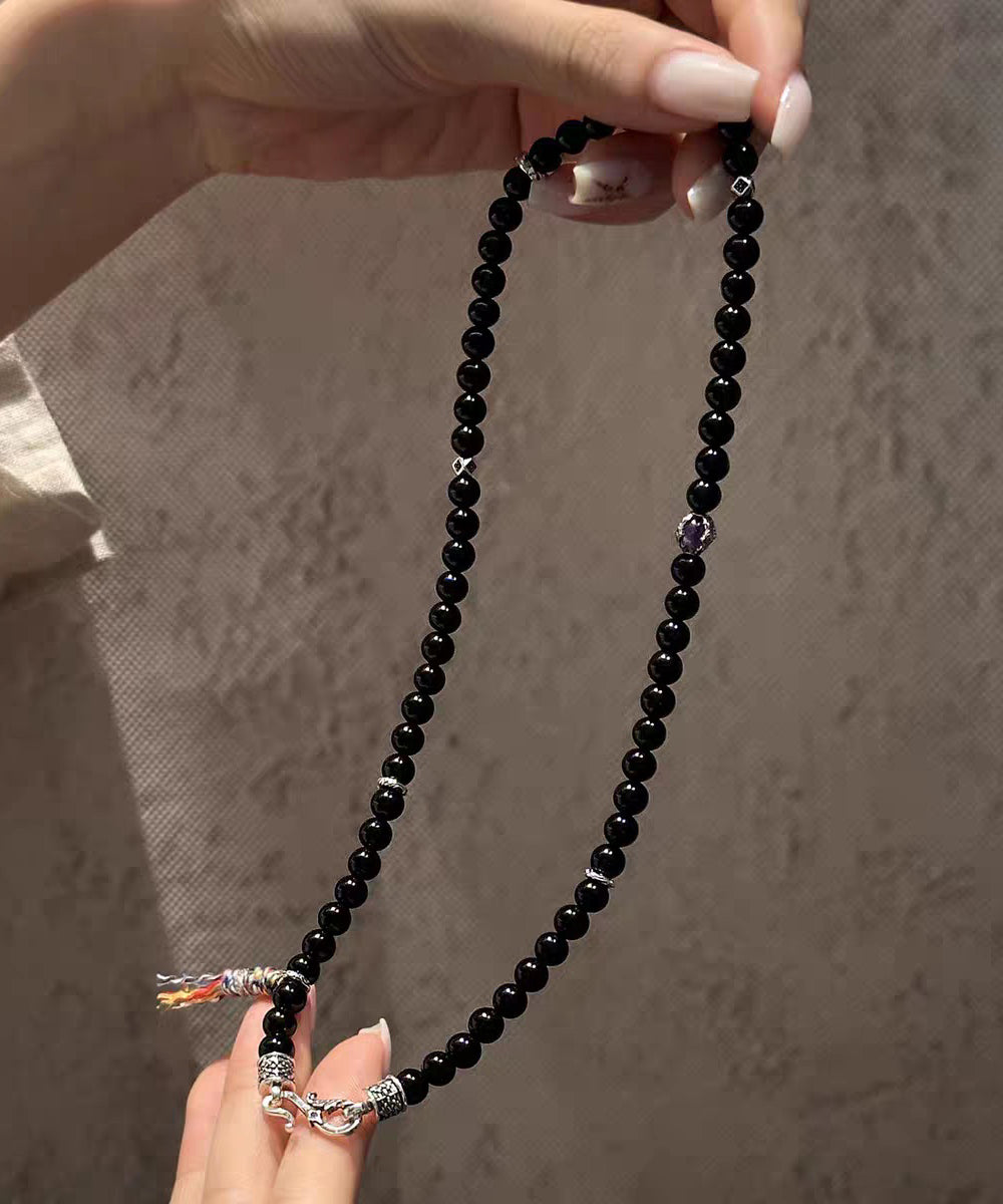 Fine Black 925 Silver Agate Inlaid Pendant Necklace