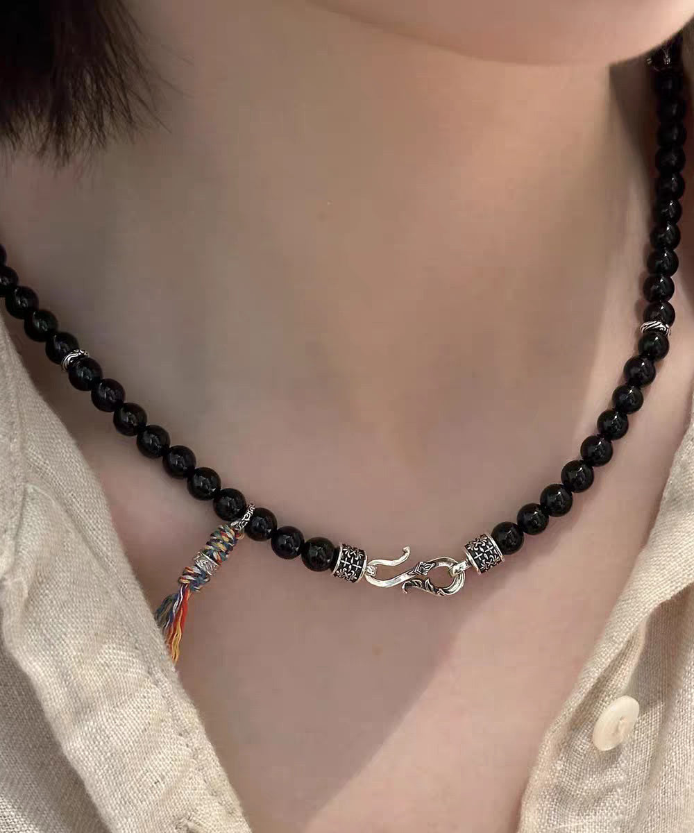 Fine Black 925 Silver Agate Inlaid Pendant Necklace