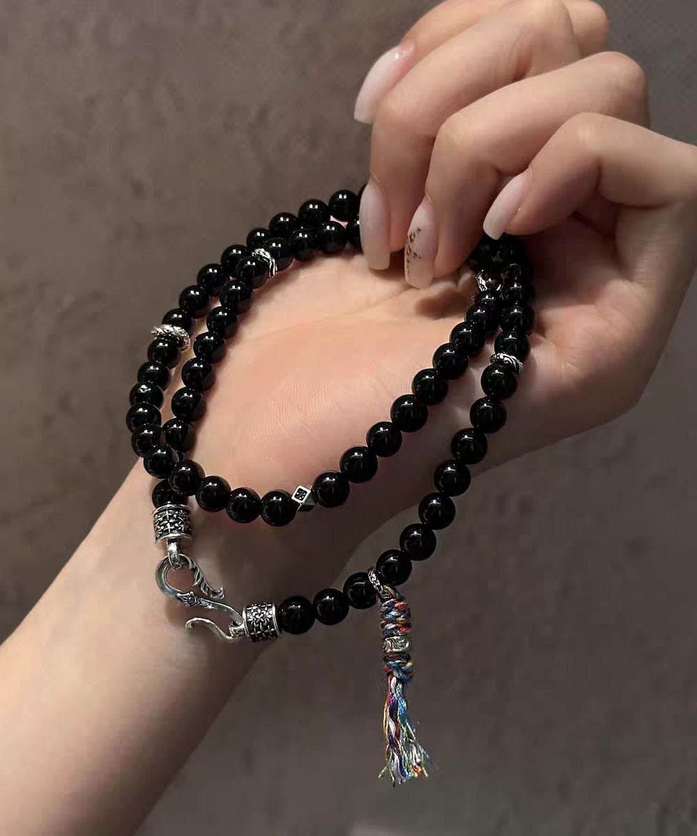 Fine Black 925 Silver Agate Inlaid Pendant Necklace