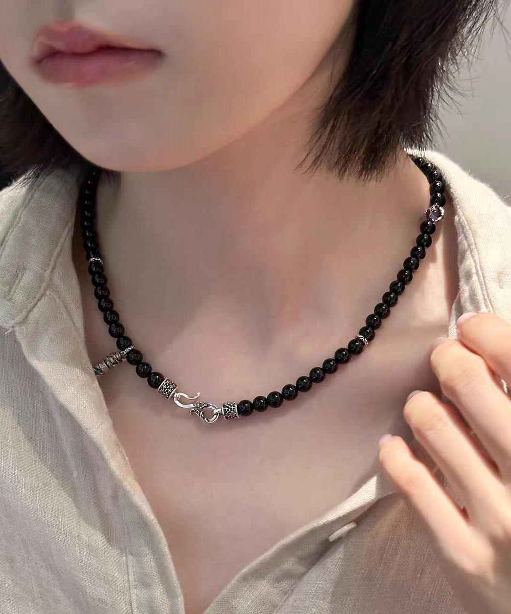 Fine Black 925 Silver Agate Inlaid Pendant Necklace