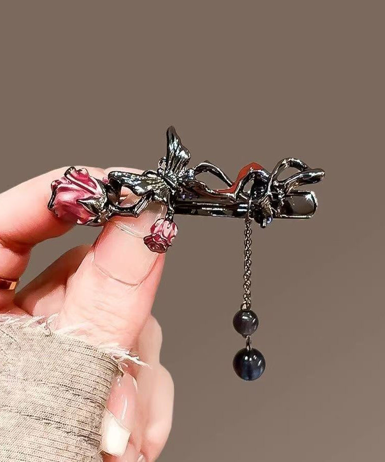 Fine Black Alloy Butterfly Rose Tassel Hairpin