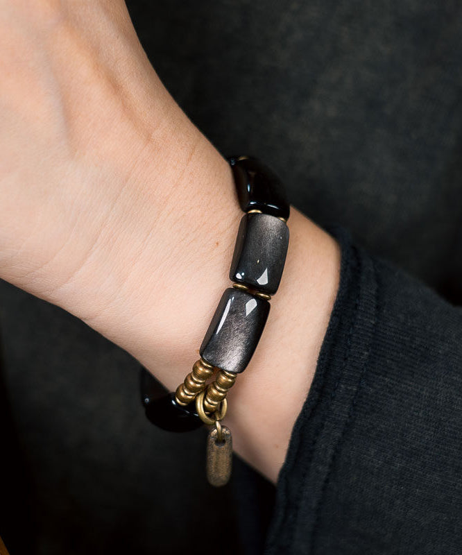 Fine Black Alloy Obsidian Double Layer Unisex Charm Bracelet