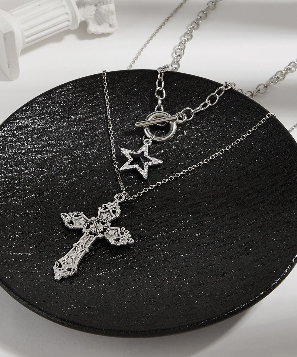 Fine Black Alloy Zircon Cross Chain Pentagram Pendant Necklace