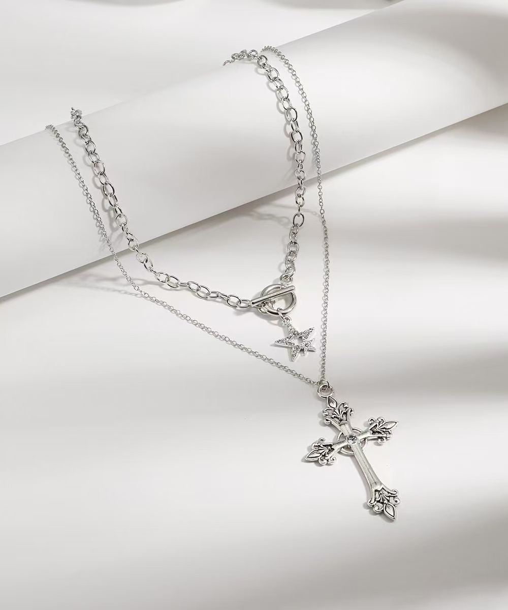 Fine Black Alloy Zircon Cross Chain Pentagram Pendant Necklace