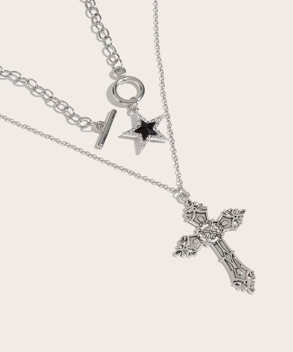 Fine Black Alloy Zircon Cross Chain Pentagram Pendant Necklace