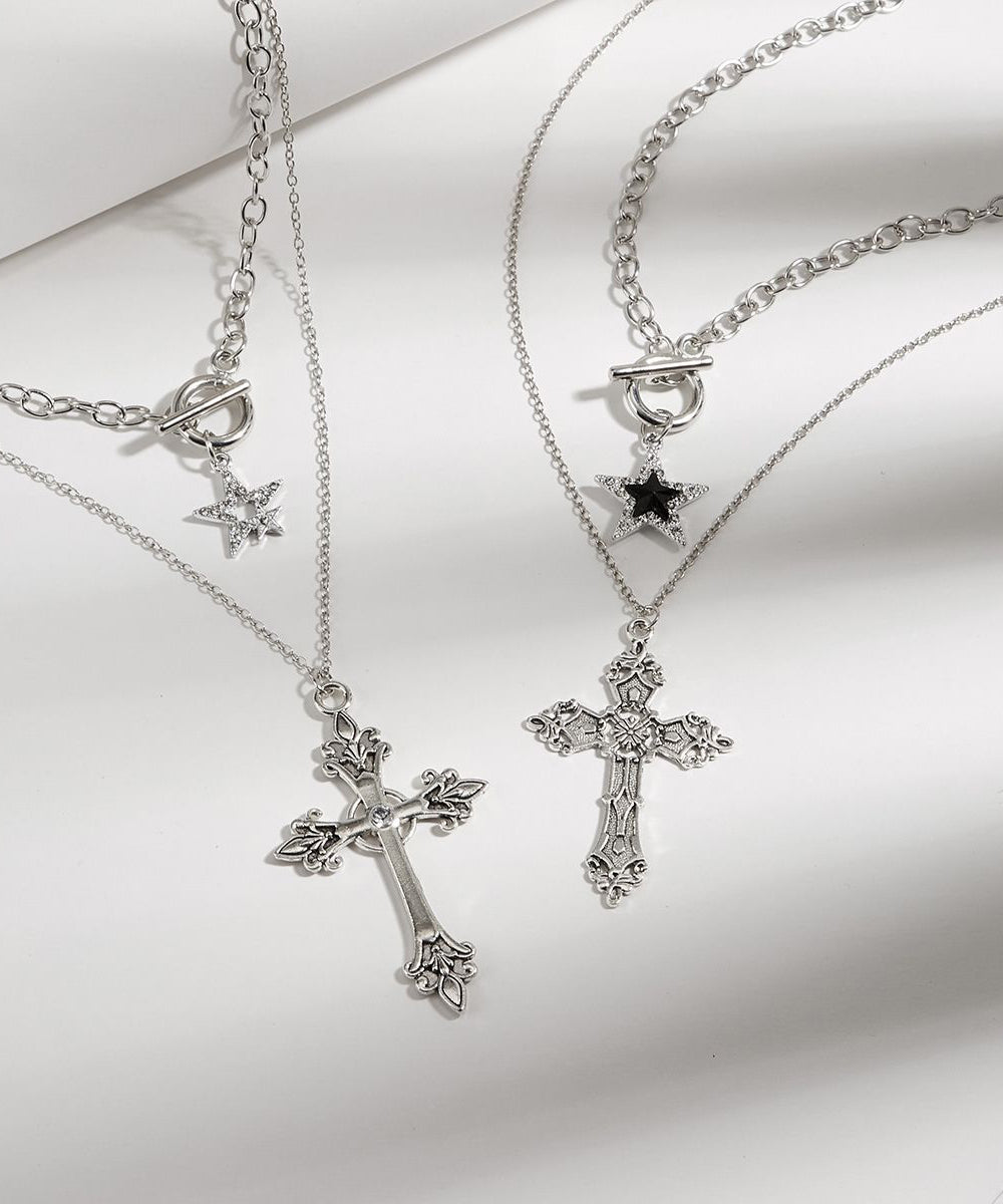 Fine Black Alloy Zircon Cross Chain Pentagram Pendant Necklace