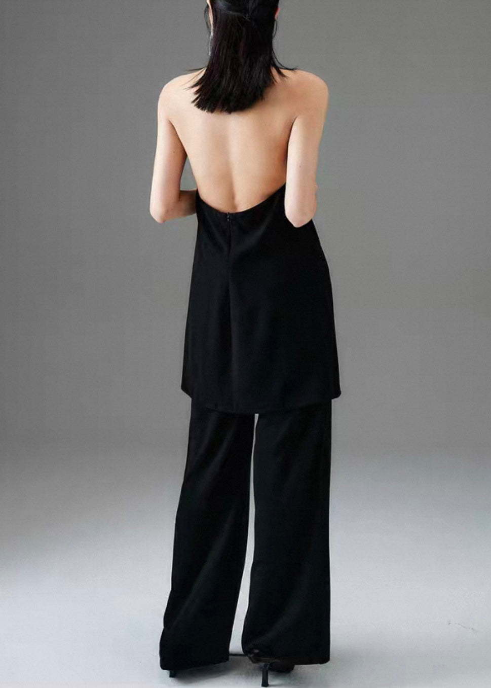 Fine Black Backless Front Open Cotton Two Pieces Set Sleeveless