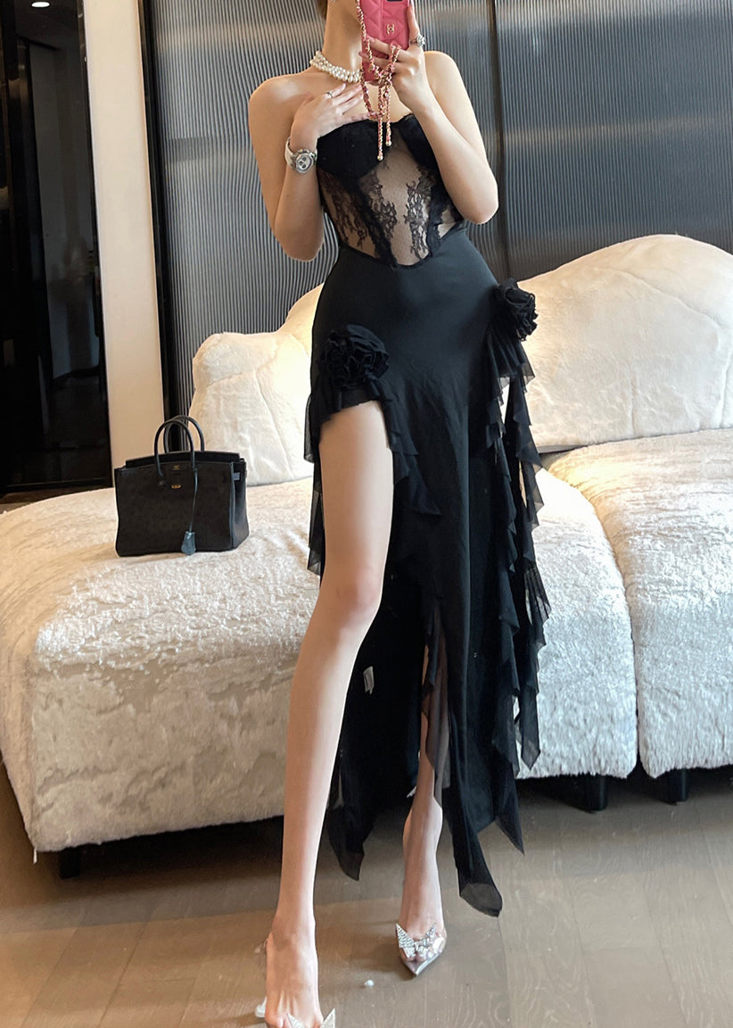 Fine Black Bustier Top Ruffled Lace Patchwork Summer Maxi Dress Sleeveless