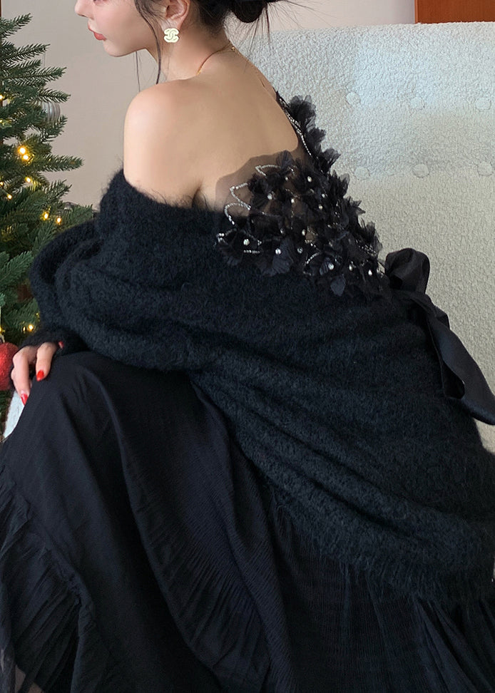 Fine Black Cold Shoulder Patchwork Knit Sweaters Winter