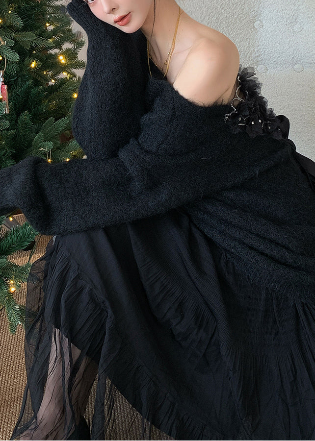 Fine Black Cold Shoulder Patchwork Knit Sweaters Winter