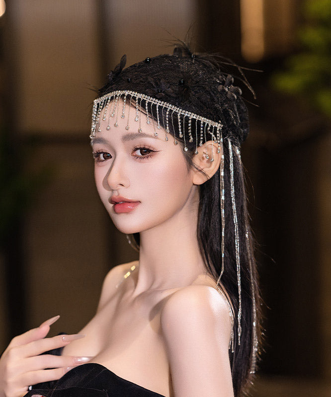 Fine Black Crystal Zircon Feather Tassel HairPiece