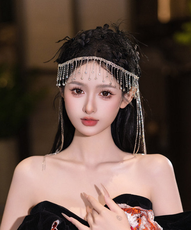 Fine Black Crystal Zircon Feather Tassel HairPiece