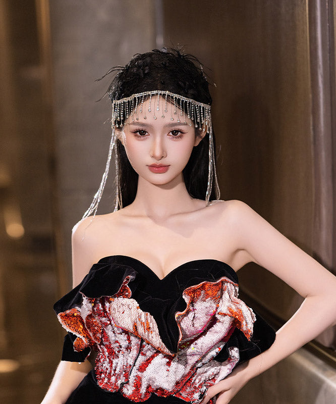 Fine Black Crystal Zircon Feather Tassel HairPiece