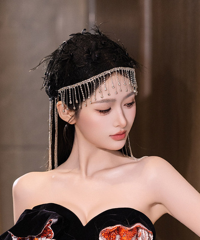 Fine Black Crystal Zircon Feather Tassel HairPiece