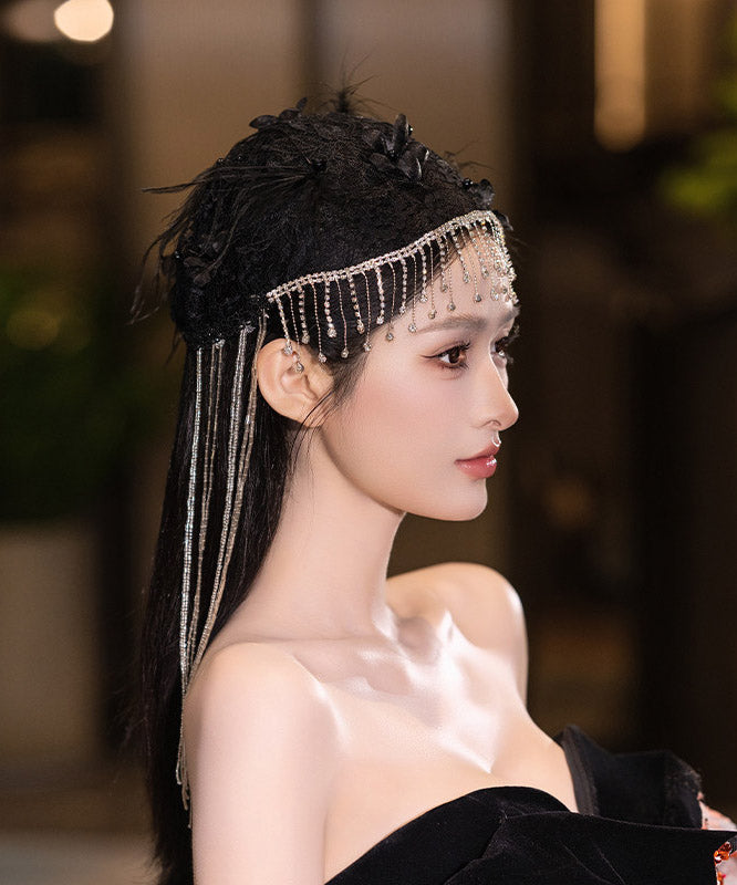 Fine Black Crystal Zircon Feather Tassel HairPiece