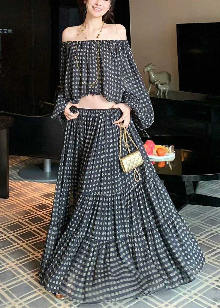 Fine Black Dot Print Top And Maxi Skirts Two Pieces Set Spring