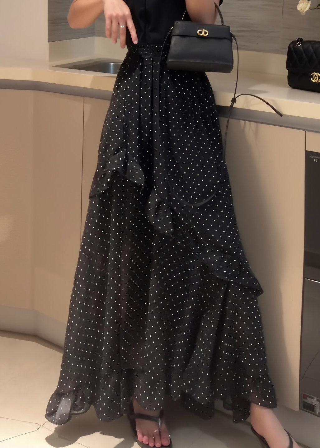 Fine Black Dot Ruffled Side Open Patchwork Chiffon Skirt Summer