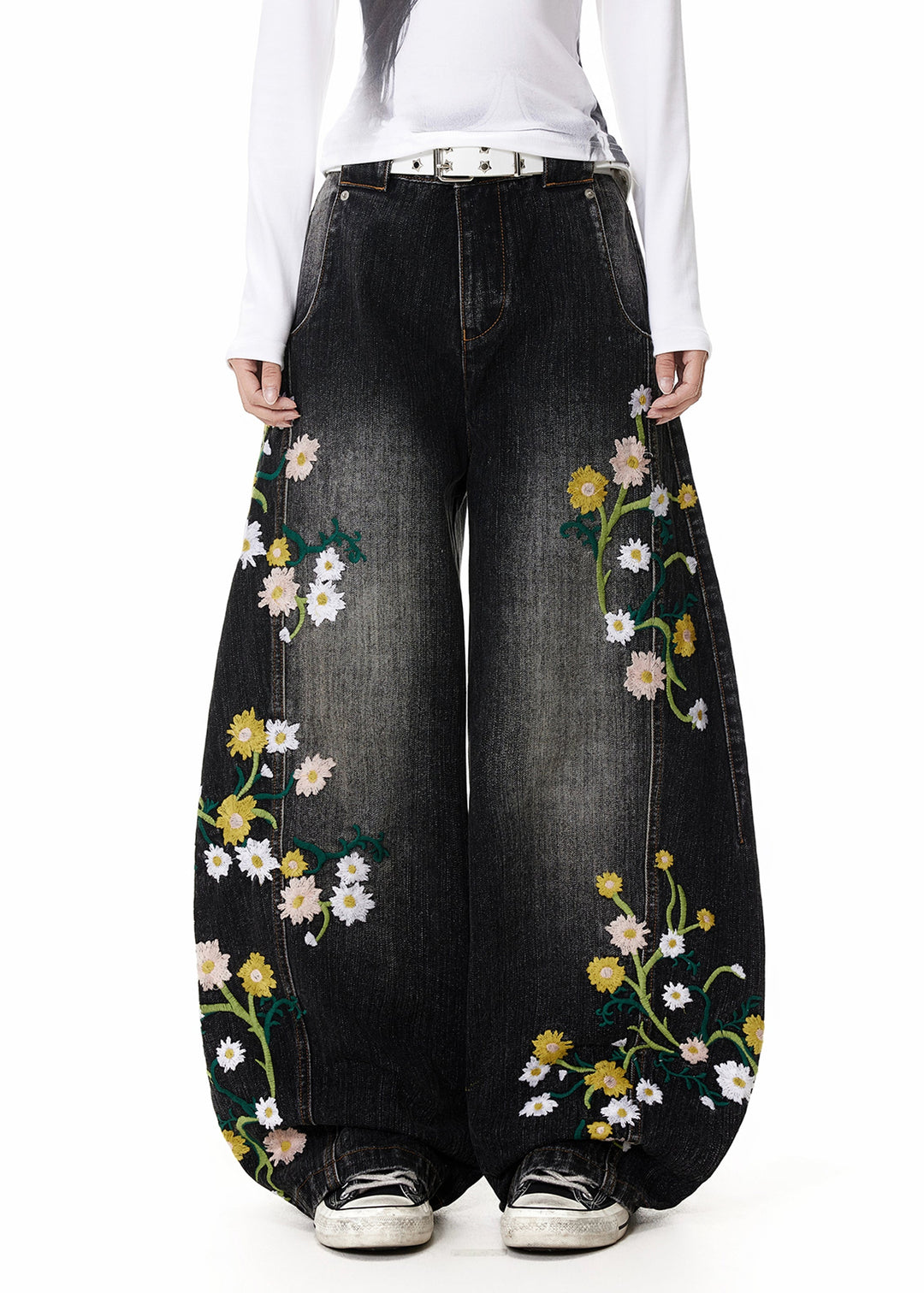Fine Black Embroidered High Waist Denim Pants Fall