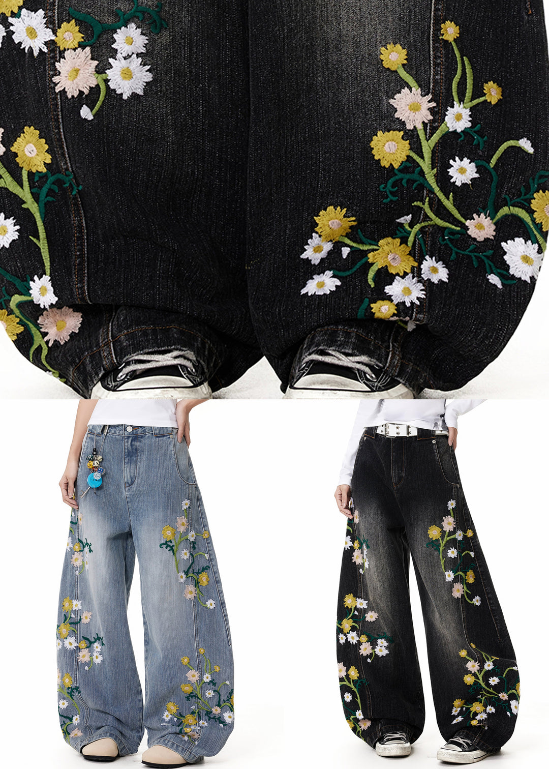 Fine Black Embroidered High Waist Denim Pants Fall