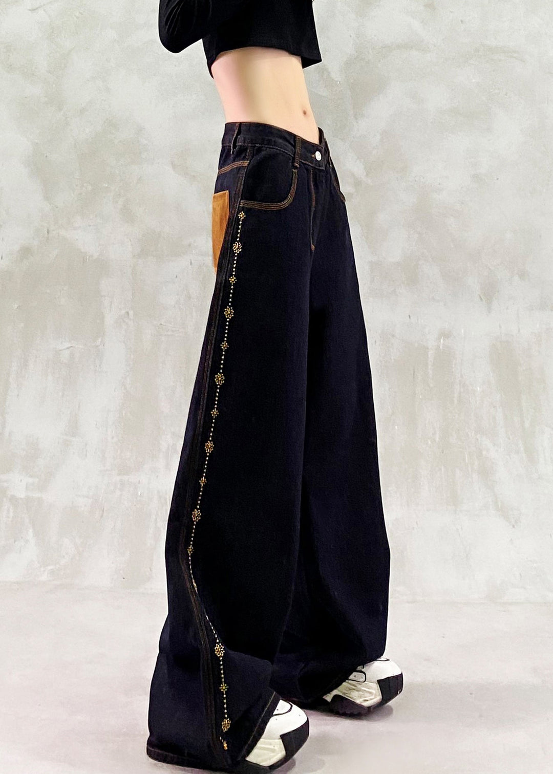 Fine Black Embroidered Patchwork Denim Pants Trousers Spring