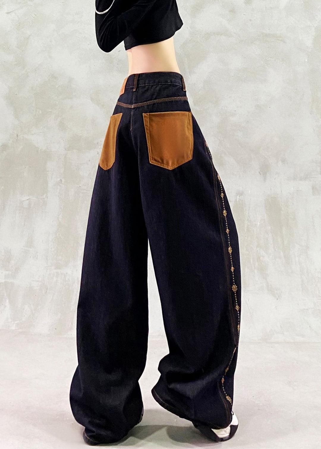 Fine Black Embroidered Patchwork Denim Pants Trousers Spring