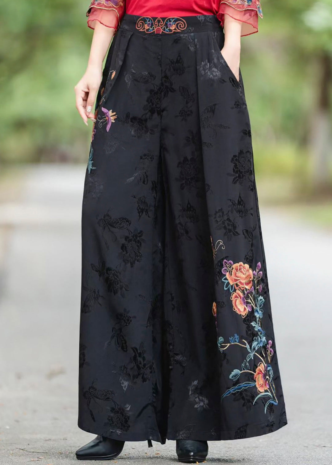 Fine Black Embroidered Pockets High Waist Silk Pants Fall