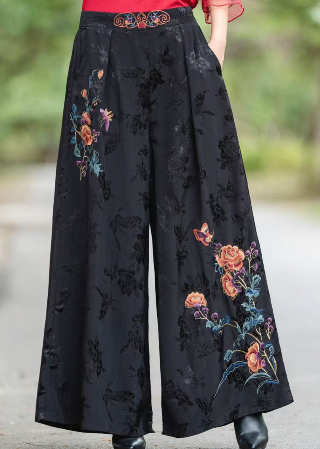 Fine Black Embroidered Pockets High Waist Silk Pants Fall