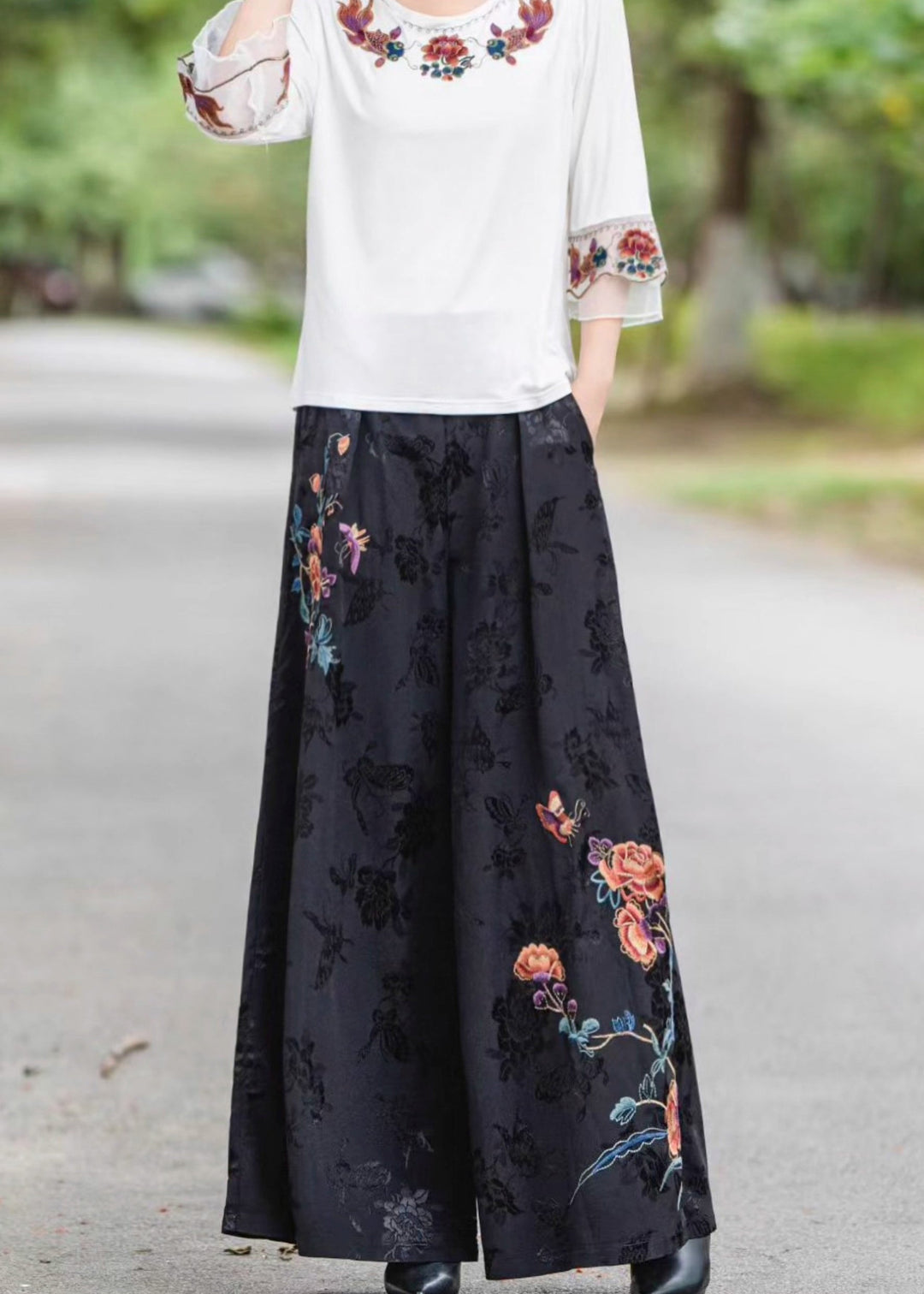 Fine Black Embroidered Pockets High Waist Silk Pants Fall
