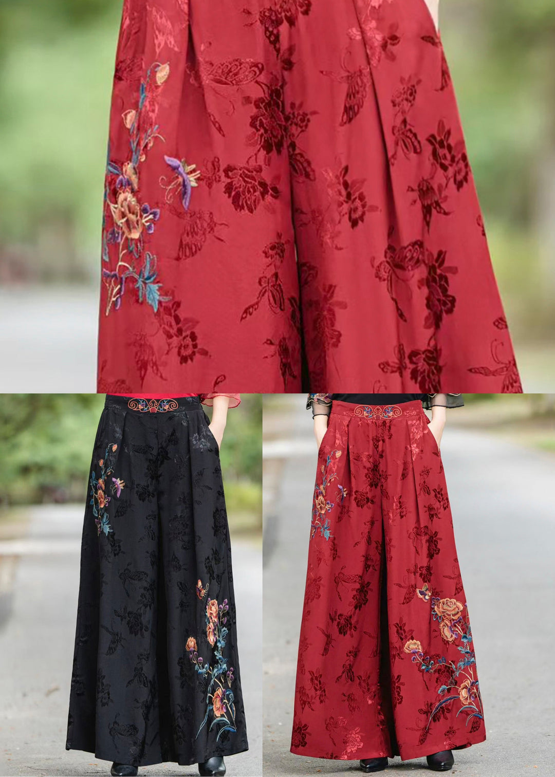 Fine Black Embroidered Pockets High Waist Silk Pants Fall