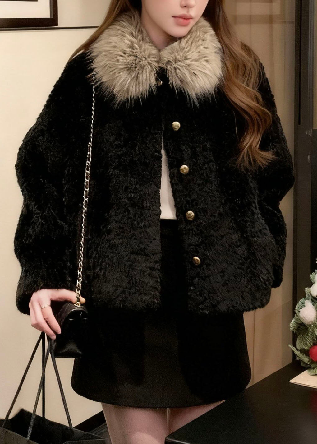 Fine Black Fur Collar Button Faux Fur Coats Long Sleeve