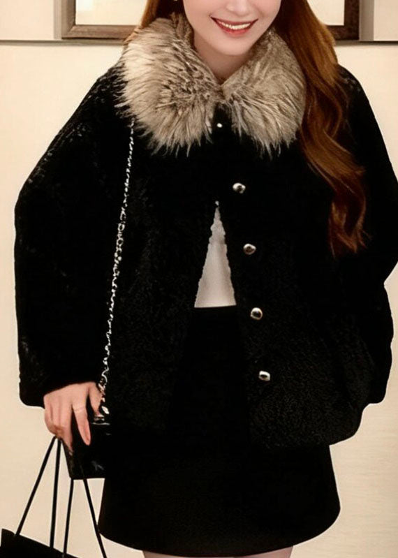 Fine Black Fur Collar Button Faux Fur Coats Long Sleeve