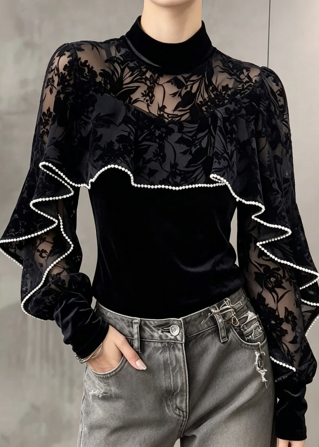 Fine Black Lace Patchwork Silk Velour Top Fall