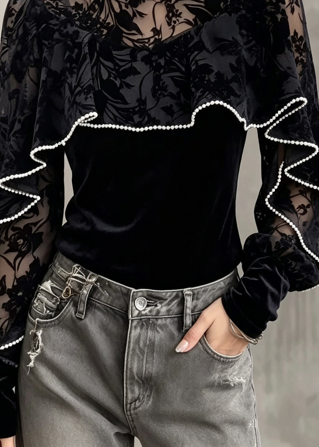 Fine Black Lace Patchwork Silk Velour Top Fall
