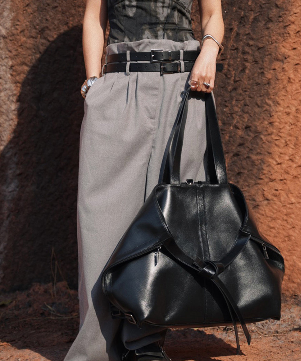 Fine Black Large Capacity Calf Leather Satchel Handbag