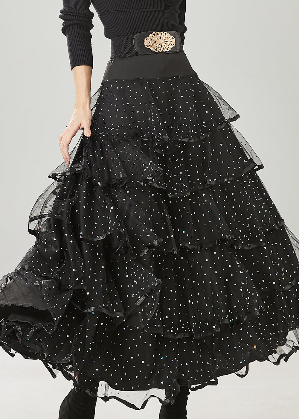 Fine Black Layered Ruffles Tulle Holiday Skirt Spring