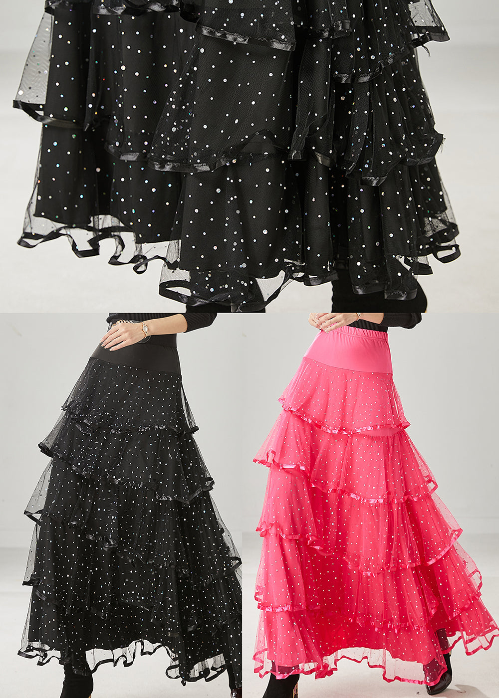 Fine Black Layered Ruffles Tulle Holiday Skirt Spring